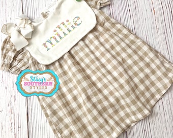 Tan and White Checkered Dress or Bubble, Cute Fall Dress, Floral Stitch Personalized Dress, Cute Dress for Wedding, Fall Picture Outfit