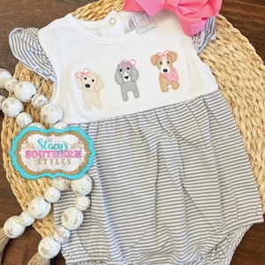 Cute Dog Baby Girl Romper, Dog Lover Baby Outfit, Embroidered Dogs Baby Romper, Stitched Dogs Baby Bubble, Ruffle Bubble With Stitched Dogs