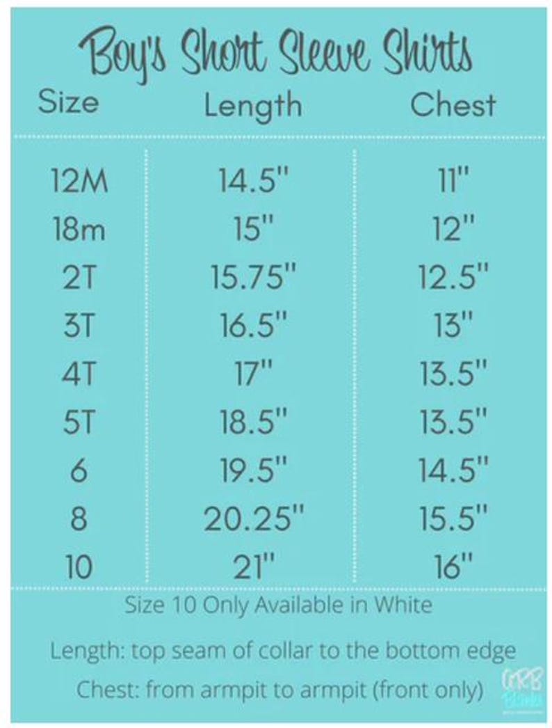 K&ouml;nnte beinhalten: Eine t&uuml;rkisfarbene Tabelle mit dem Titel "Boy's Short Sleeve Shirts" mit Gr&ouml;&szlig;en-, L&auml;ngen- und Brustma&szlig;en. Die L&auml;ngen sind in Zoll, von 14,5" bis 21", und die Brustma&szlig;e von 11" bis 16". Gr&ouml;&szlig;en von 12M bis 10.
