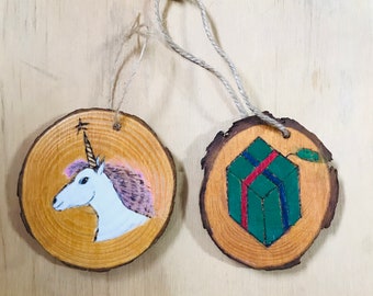 Wooden Christmas Ornament Set - Unicorn and Present