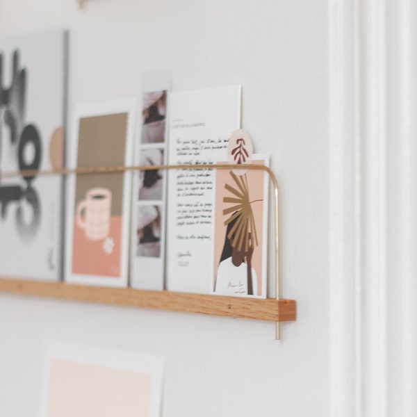 Photo, Polaroid & Postcard shelf in solid chestnut wood and solid brass - 80cm. Handmade in France