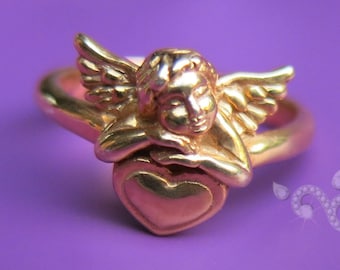 Vintage Cupido ring, Cherubijn 14K geelgoud, talisman voor geliefden, Baby Angel sieraden, trouwring, Sterling zilver, retro antieke beschermengel