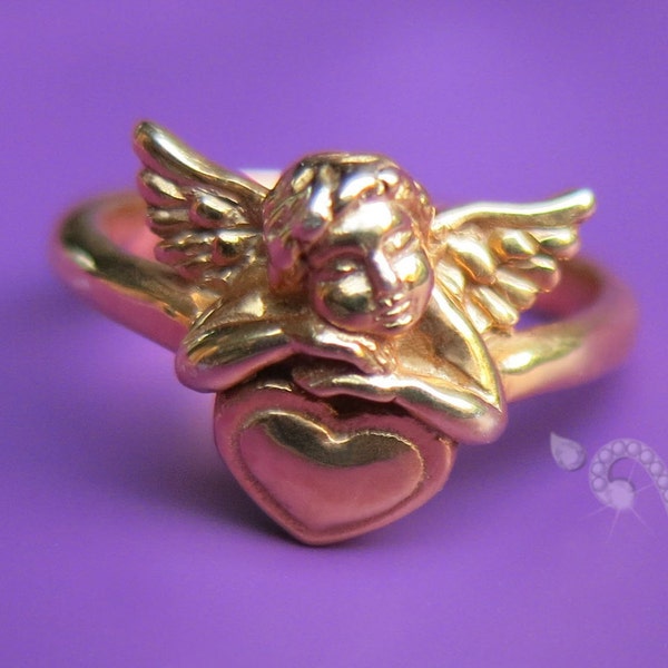 Cupid vintage ring,Cherub 14K yellow gold,talisman for lovers,Baby Angel jewelry,wedding ring,Sterling silver,retro antique Guardian Angel