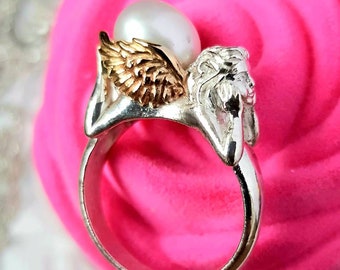 Angel with pearls in wings, Cherub 14K yellow gold, natural pearls, Baby Angel jewelry, wedding ring, retro antique Guardian Angel.
