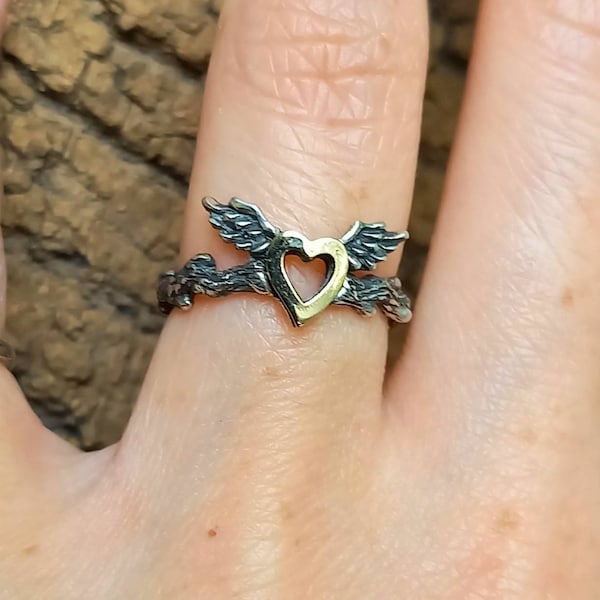 winged heart vintage ring,14K yellow gold,talisman for lovers,Angel wings jewelry,wedding ring,Sterling silver
