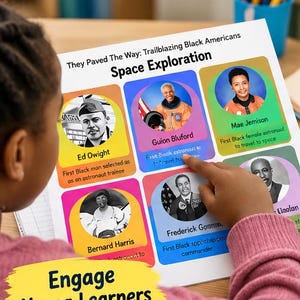 May include: An educational poster titled They Paved The Way: Trailblazing Black Americans Space Exploration featuring portraits and text about Ed Dwight, Guion Bluford, Mae Jemison, Bernard Harris, and Frederick Gregory with colorful backgrounds.