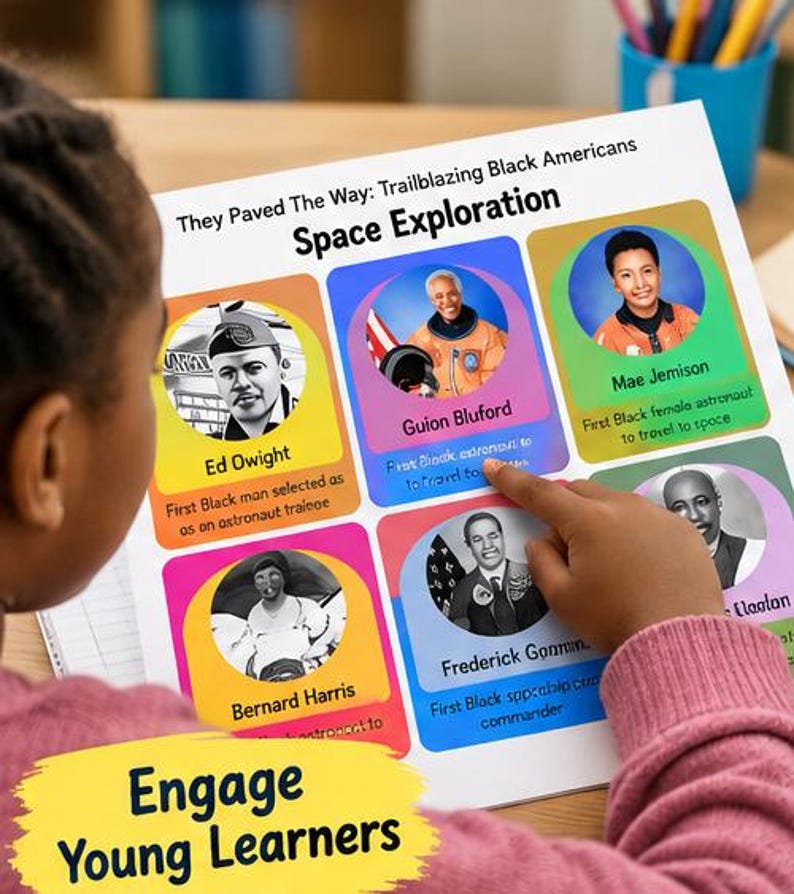 May include: An educational poster titled They Paved The Way: Trailblazing Black Americans Space Exploration featuring portraits and text about Ed Dwight, Guion Bluford, Mae Jemison, Bernard Harris, and Frederick Gregory with colorful backgrounds.