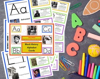 May include: Colorful alphabet cards featuring black historical figures. Each card has a letter, a person's name, their profession, and a brief description. The cards are titled "Black History Alphabet Cards".