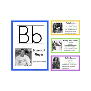 May include: A black and white illustration of the letter "B" in uppercase and lowercase. Below the letter is a photo of Jackie Robinson, a baseball player for the Brooklyn Dodgers. The text "Baseball Player" is below the photo. The image also includes photos of Ruby Bridges, Henry "Box" Brown, and Ralph Bunche, all important figures in African American history.