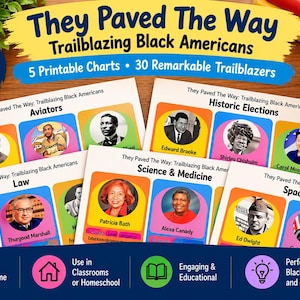 May include: A set of five printable educational charts titled They Paved The Way: Trailblazing Black Americans. The charts feature colorful rectangular frames containing black and white portraits of historical figures with their names printed below.