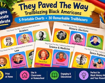 May include: A set of five printable educational charts titled They Paved The Way: Trailblazing Black Americans. The charts feature colorful rectangular frames containing black and white portraits of historical figures with their names printed below.