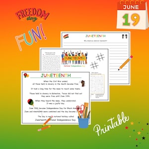 Pode incluir: Um conjunto educativo imprimível e colorido do Juneteenth com folhas de trabalho, um labirinto e uma pesquisa de palavras. A imagem inclui um calendário mostrando 19 de junho, lápis e as palavras "Freedom Day Fun!" e "Printable."