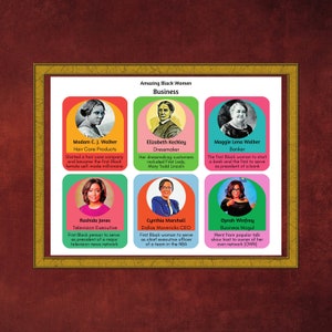 May include: A colorful infographic highlighting six amazing Black women in business. Each woman is pictured with a brief description of their accomplishments. The women are Madam C.J. Walker, Elizabeth Keckley, Maggie Lena Walker, Rashida Jones, Cynthia Marshall, and Oprah Winfrey.