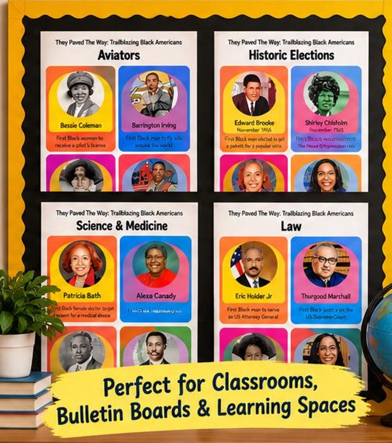 May include: A bulletin board display titled They Paved The Way: Trailblazing Black Americans, featuring four sections: Aviators, Historic Elections, Science & Medicine, and Law. Each section contains portraits and biographical text of notable figures.