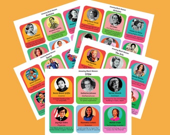 May include: A colorful set of nine cards featuring portraits of inspiring Black women in various fields, including business, sports, activism, the arts, and STEM. Each card includes the woman's name, profession, and a brief description of their accomplishments. The cards are titled "Amazing Black Women".