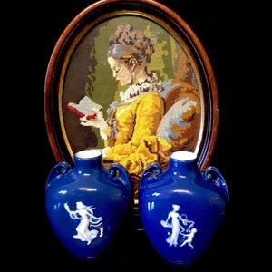 Limoges Camille Tharaud Porcelain Vases: Cobalt Blue Cameo Pair, Art Deco
