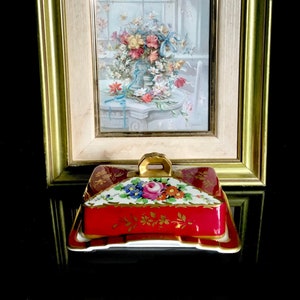 Porcelain de Paris antique butter dish in red colors with flowers. Hand painted