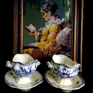 Faience French ceramic Terre de fer pair of sauce bowl with birds in blue decor