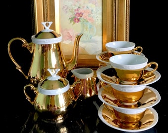 Limoges France Porcelain Vintage Tea Set With Green and Golden Details ...