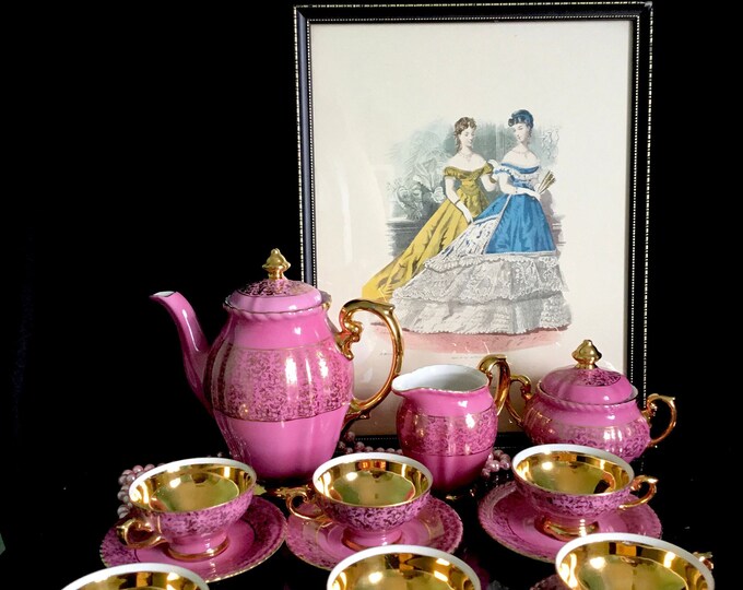 German Porcelain Bavaria Rudolstadt Antique Tea Set in in Pink Salmon