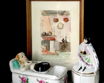 Art Deco German Porcelain Powder Box with Lady Figurine & Pin-Up Ashtray