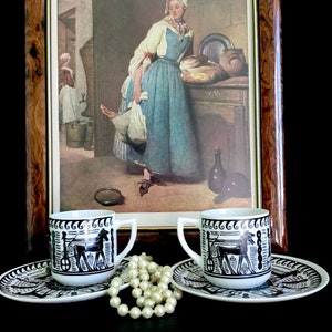 N.Leontaritis vintage greek porcelain espresso cup with black horse chariot by N.Leontaritis