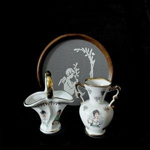 Limoges Porzellan de Luxe Fernand Deshoulières Korb mit Napoleon und Josephine Revol Porzellanvase mit Josephine