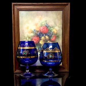 Italian Crystall antique large blue  wine glass with gold/green details . Hand painted Rare