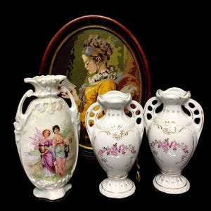Royal Dux Bohemia porcelain vintage pair floral miniature vases and Bohemia vase with ladies