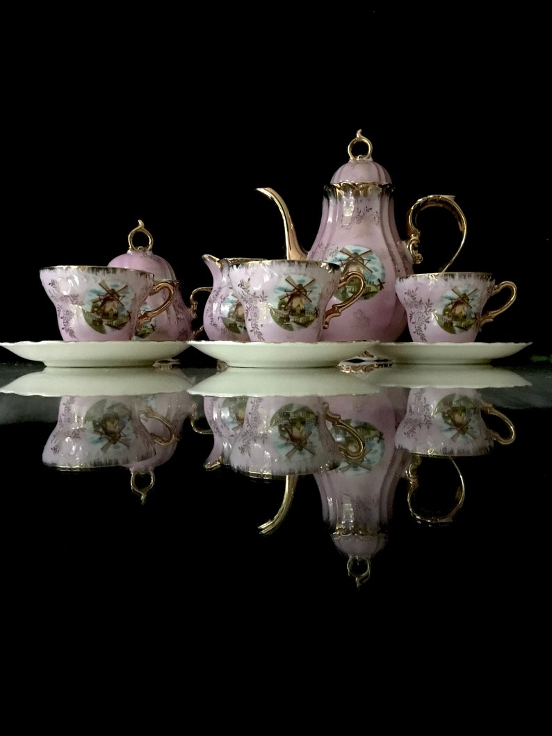 German Porcelain antique tea set In pink color decorated with Etsy