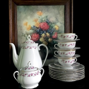 Haas & Czjzek Czechoslovakia porcelain antique floral tea set with dessert plates .