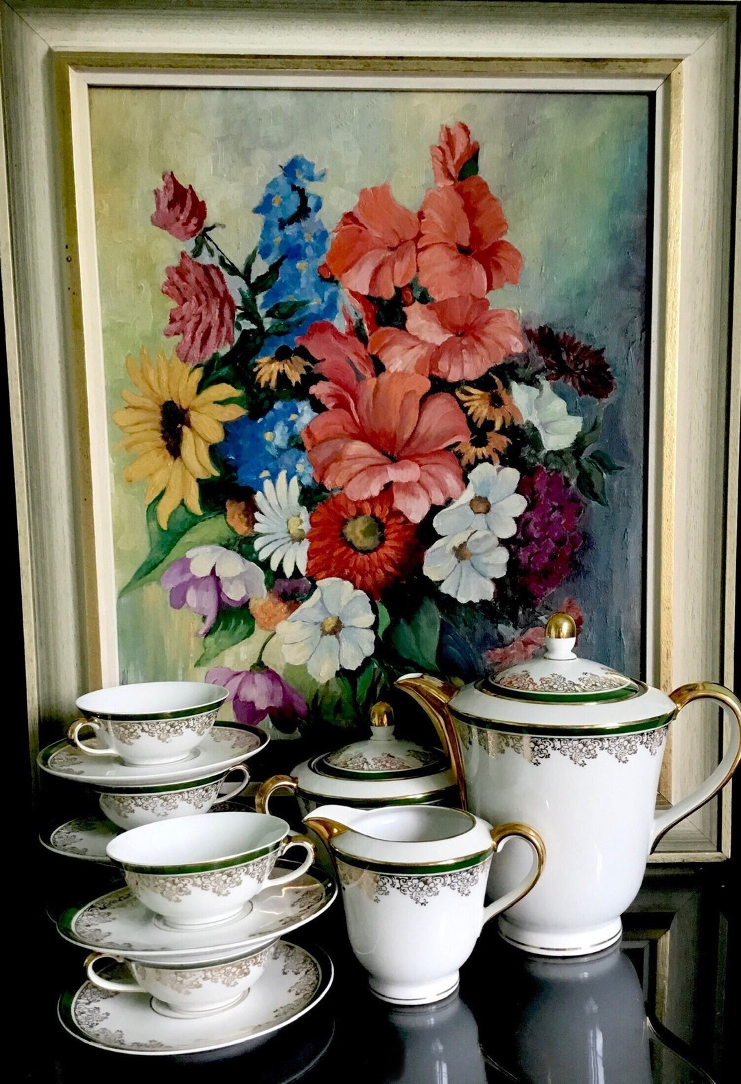 Limoges France Porcelain Vintage Tea Set With Green and Golden Details ...
