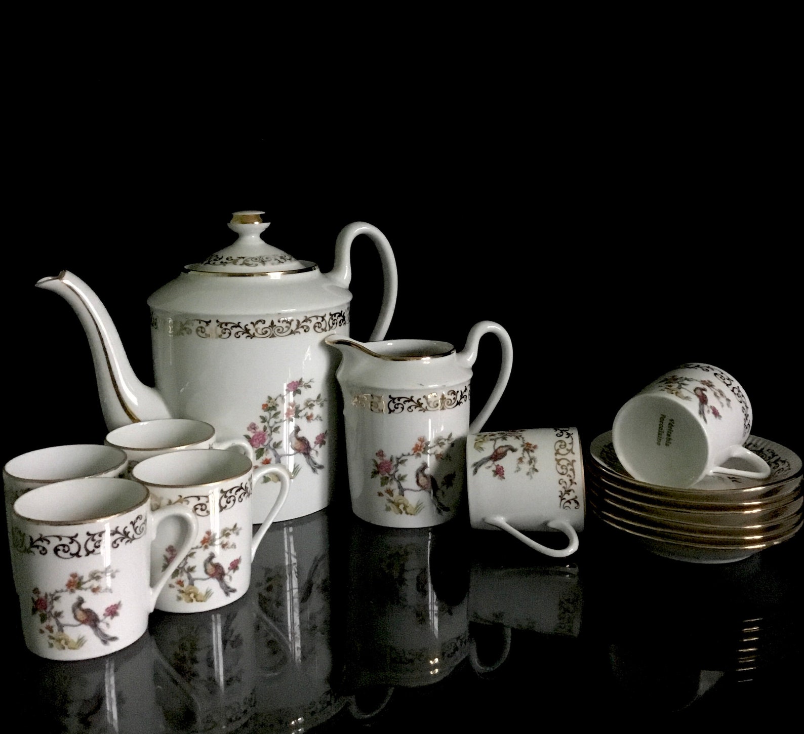French Porcelain antique tea set with flowers and birds. Etsy