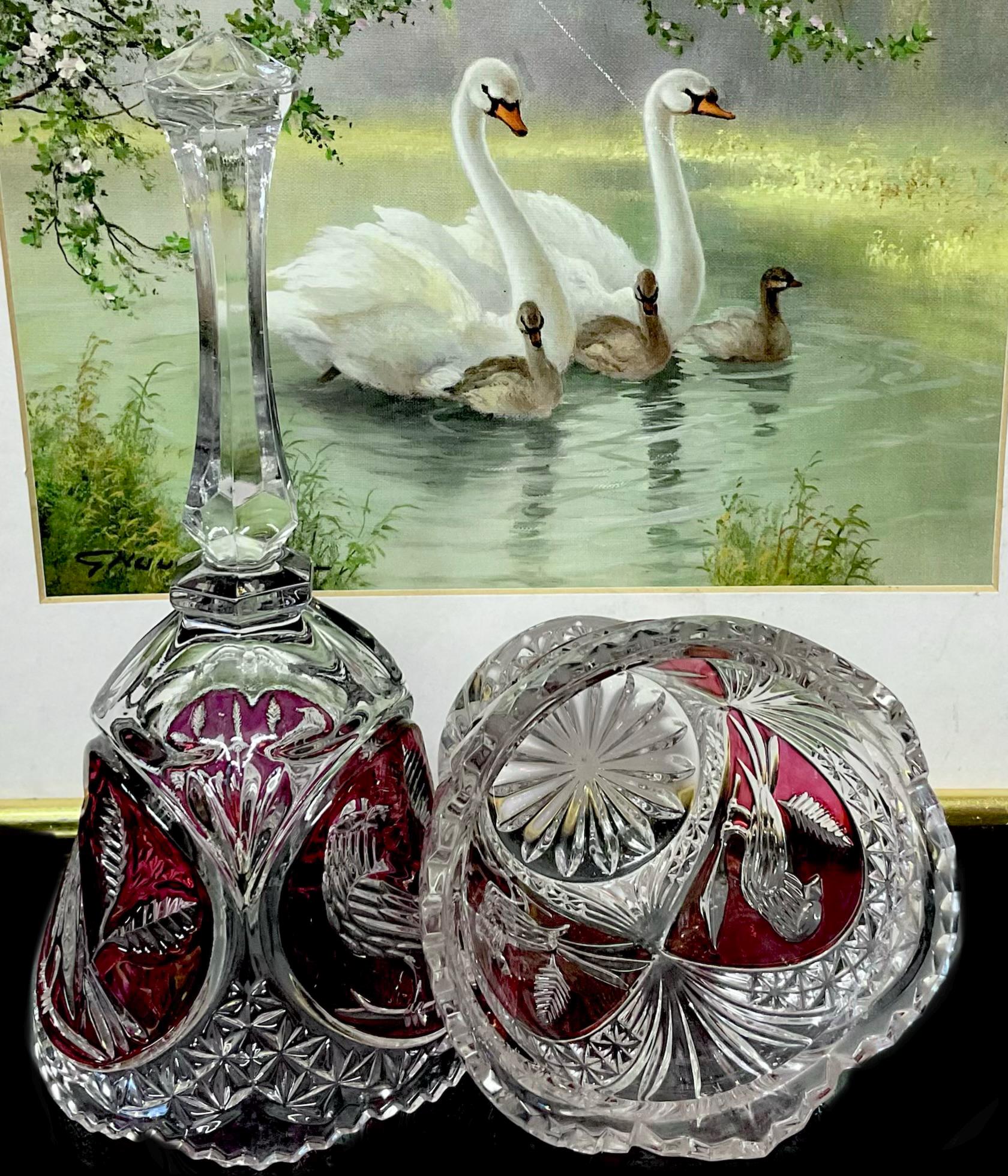 Antique German Crystal Vase Set: Red Bird Decor, Hofbauer