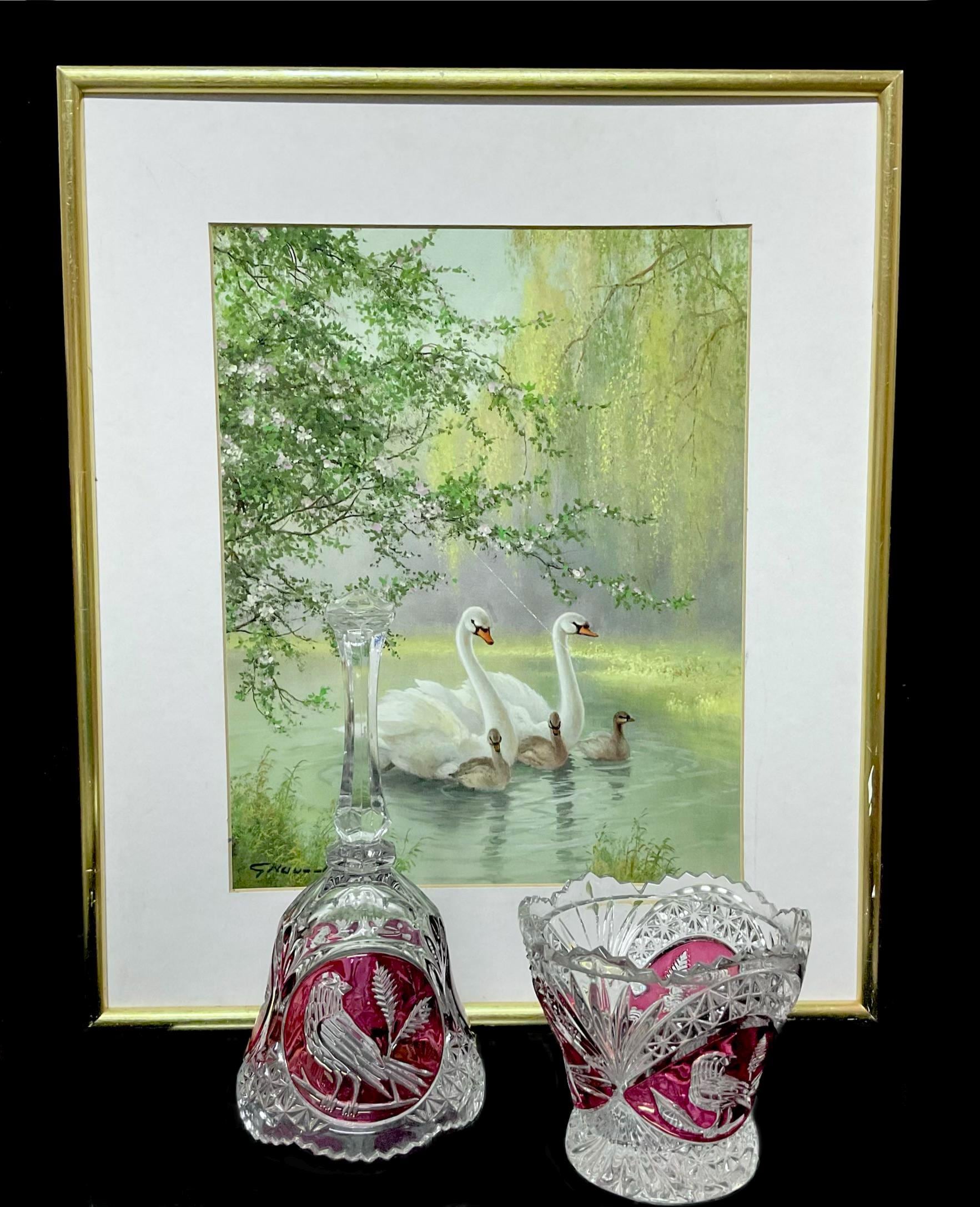 Antique German Crystal Vase Set: Red Bird Decor, Hofbauer