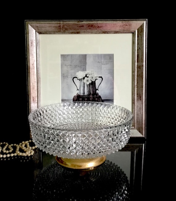 Vintage Bohemia Crystal Large Bowl With Golden Foot 