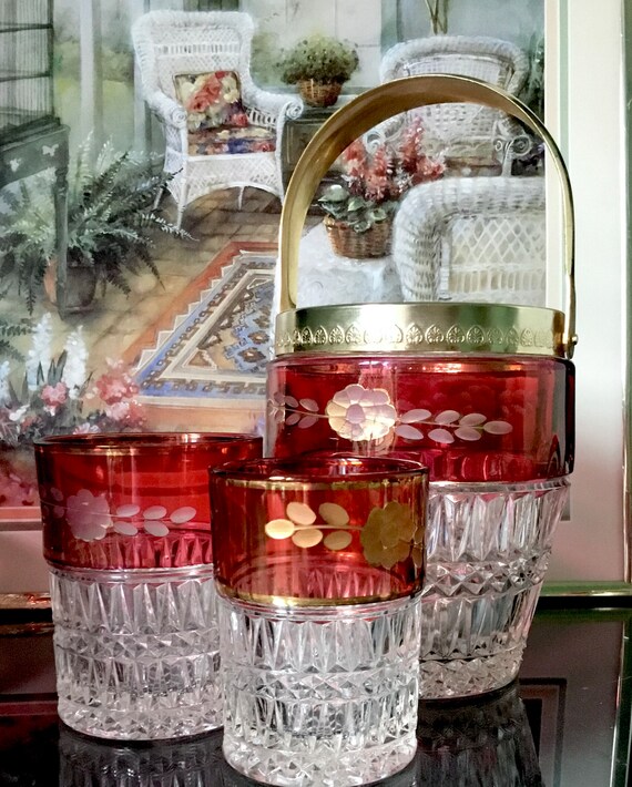 Set di bicchieri da whisky e secchiello per il ghiaccio vintage in  cristallo italiano con colori oro/rosso e fiori incisi -  Italia