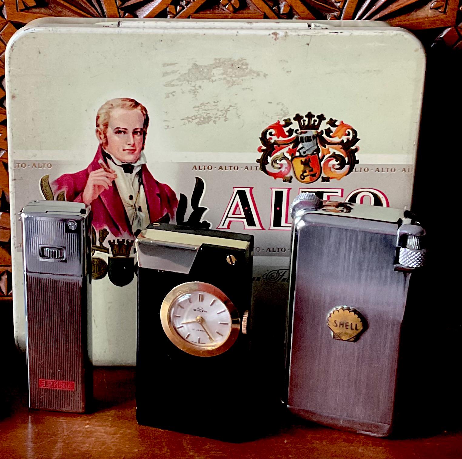 Vintage set SHELL lighter Quercia Flaminaire Grillon France Swiss Pocket cigarette lighter with watch for collection