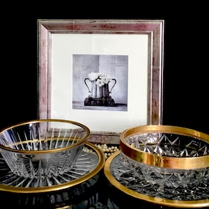 Art Deco antique VAL SAINT LAMBERT Signed Gold Plated Large Crystal Bowl and Round Plate, Art Glass Val st lambert