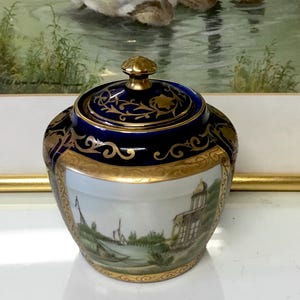 August Bauscher Weiden porcelain  antique cobalt blue and lanscape decor sugar pot. Rare