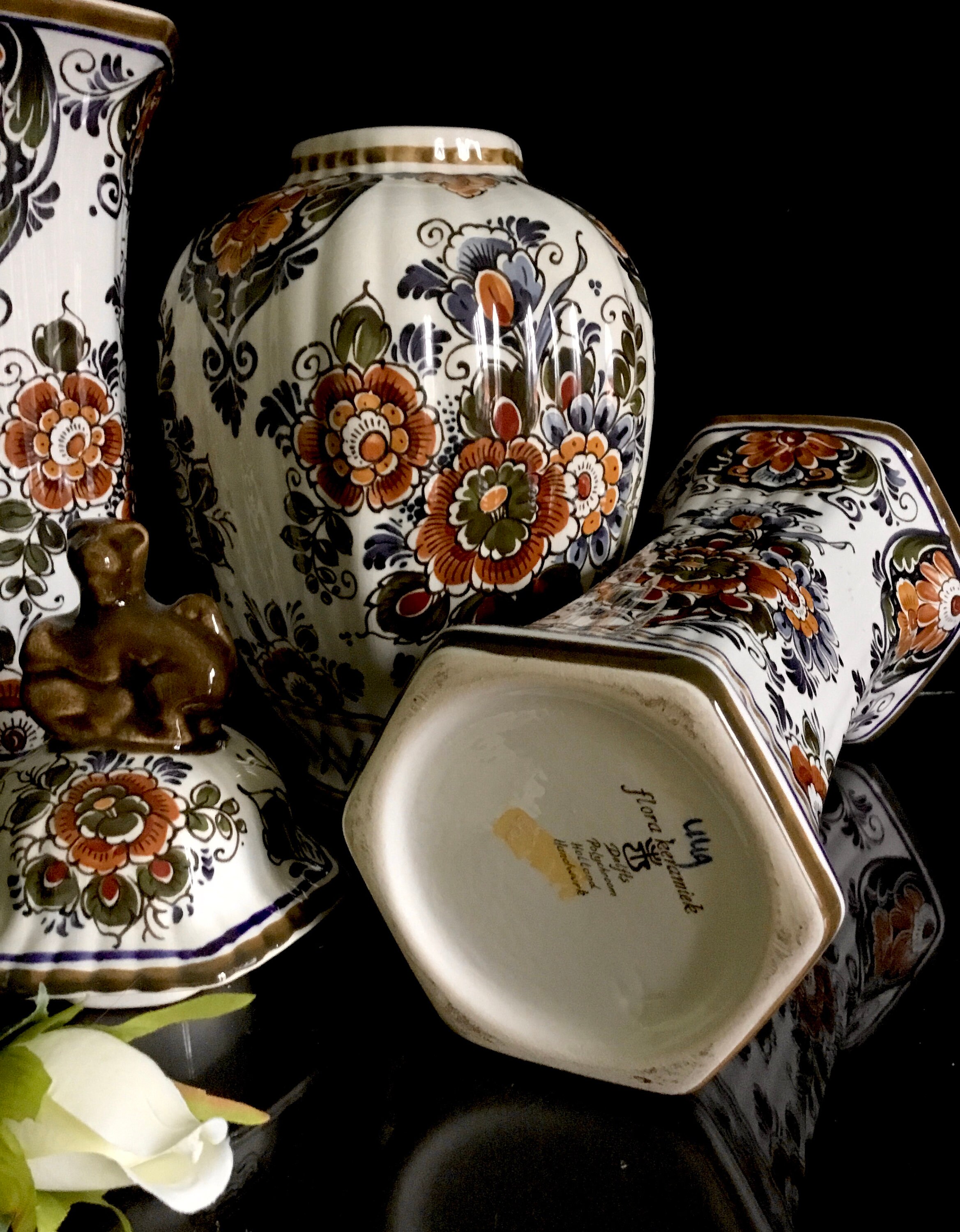 Delft Vintage Flora Keramiek Delfts Polychrome Porcelain Set Vases