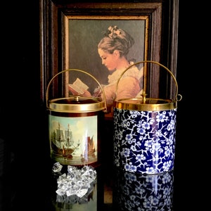 Taylor, Tunnicliff & Co Antique English porcelain Victorian biscuit barrel/pot with flowers in cobalt blue color and Copper metal lid
