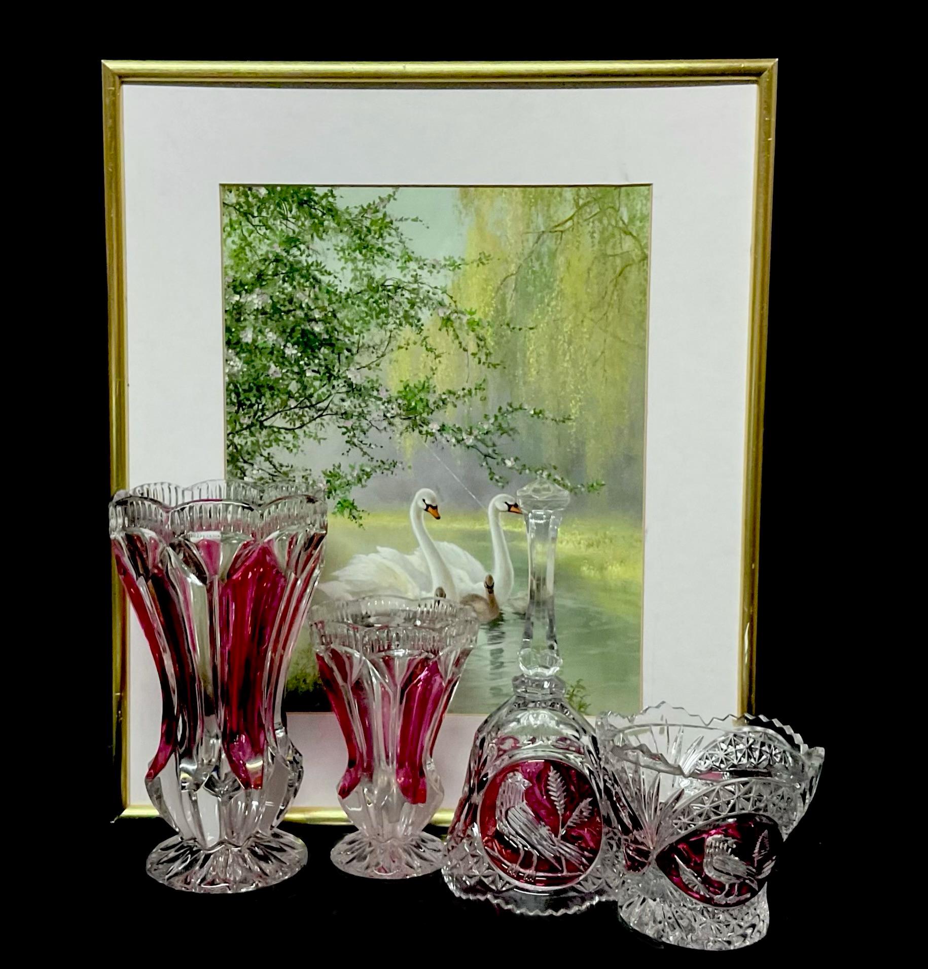 Antique German Crystal Vase Set: Red Bird Decor, Hofbauer