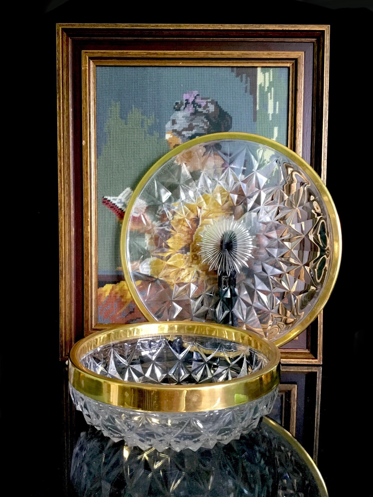 Val St Lambert Crystal Antique Set Platter and Bowl With Brass