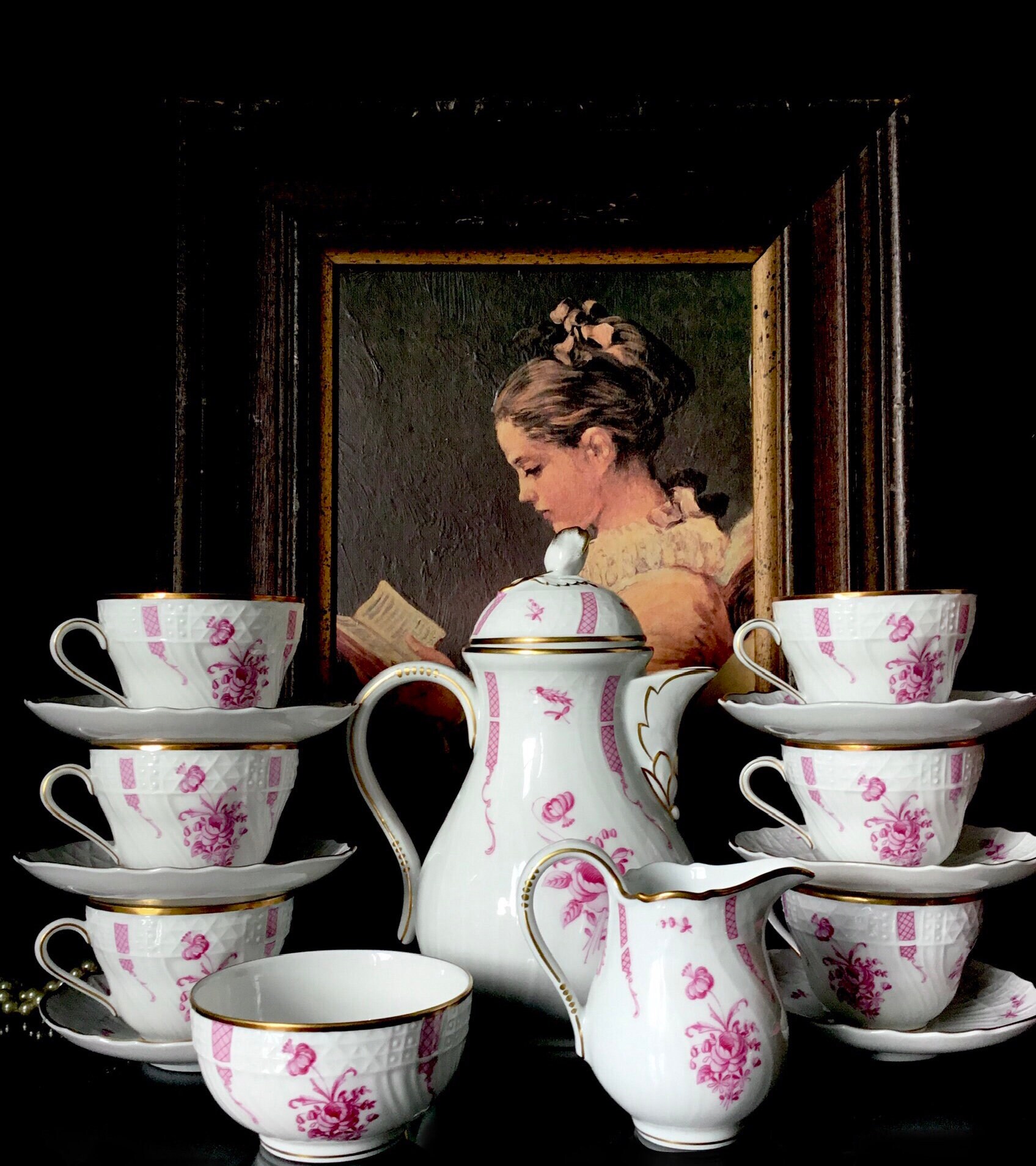 Dresden Hutschenreuther Selb Porcelain Antique Tea Set With Pink