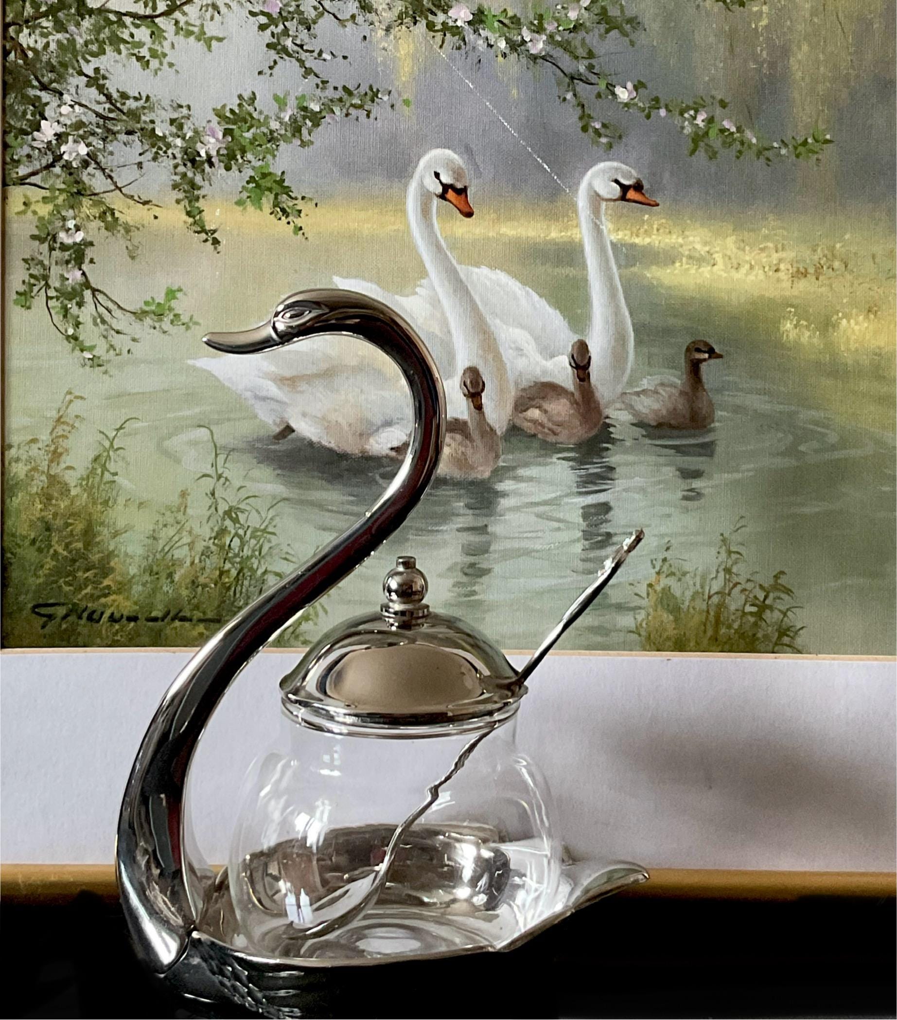 Vintage Art Deco Swan Sugar Bowl: Silver Plated Condiment Dish
