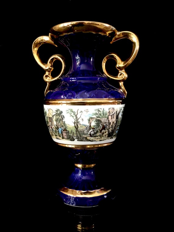 Rare Find Vintage Beautiful Dark Cobalt Blue Vase With Gold Handles