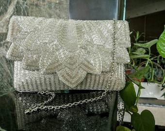 Art Deco Inspired Silver Evening Bag, Vintage Designer Purse, Wedding Clutch, Unique Present for Her, Cocktail Purse