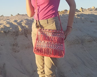 Pink Boho Purse, Leather Fringe Bag, Fringe Shoulder Bag, Boho Crossbody Bag, Chain Mail Steampunk Bag, Travel Lovers Gift