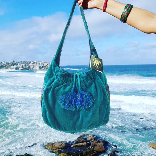 Turquoise Velvet Shoulder Bag, Teal Blue Velvet Bell Bottom Slouch, Aqua Blue Vintage 70s Vegan Hippie, Bali Print Winter Hobo Bag
